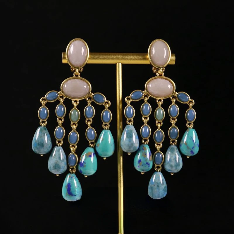 

Luxury Court Style Natural Stone Water Drop Star Ladies Tassels Clip Earrings Vintage Medieval Jewelry for Women Anti Allergy