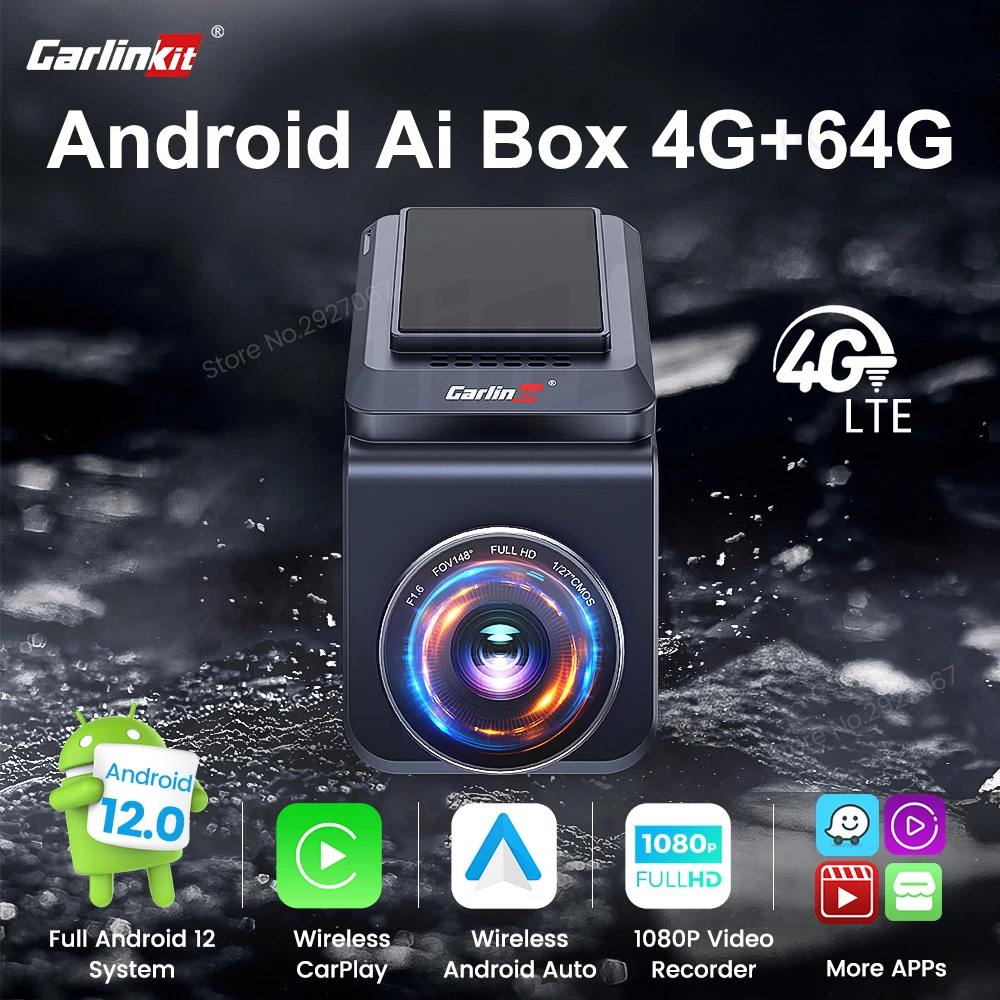 CarlinKit CarPlay Ai Android 12 TV Box 4GLTE Wireless CarPlay Android Auto Car Dash Cam Camera 1080P All in One 4G+64G 8Cores