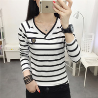 Slim Fit Long Sleeve V-Neck Striped T-Shirt Women's Spring Autumn Thin Base Shirt Student Casual Fashion Top Quality Material