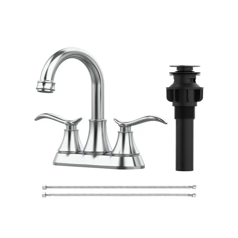 

Chrome Bathroom Faucet with Pop-up Drain and Supply Hoses, 2-Handle, 360° High Arc Swivel Spout Centerset
