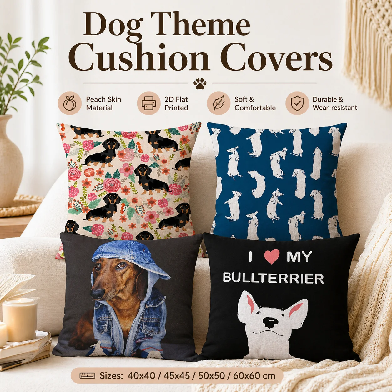 

Cute Dog Dachshund Bull Terrier Cushion Cover 2D Flat Printed Peach Skin Throw Pillowcaser Sofa Living Room Home Decor 45x45cm