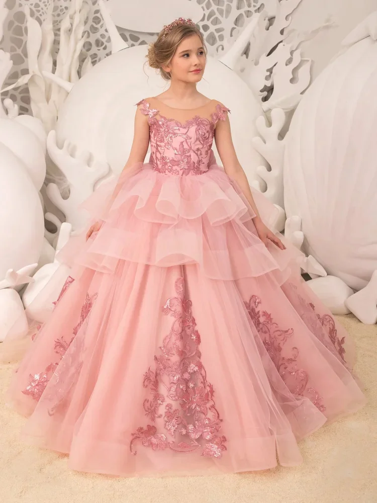 Pink Applique Flower Girl Dress For Wedding Tulle Sleeveless Fluffy Elegant Child Communion Birthday Party Dresses Girl Gifts