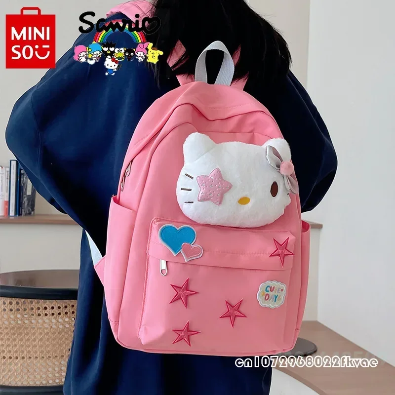 Miniso HelloKitty 2025 nueva mochila para mujer, mochila para estudiantes de alta calidad a la moda, bonita mochila para chica de gran capacidad con dibujos animados