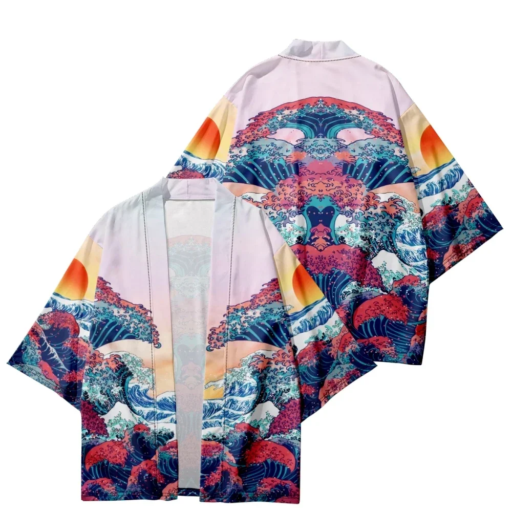 Camicia Kimono con stampa onde stile giapponese vintage Abbigliamento tradizionale Haori Donna Uomo Streetwear Cardigan Yukata Cosplay Top