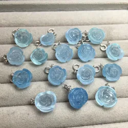 1 Pc Fengbaowu Natural Stone Aquamarine Rose Flower DIY Earring Pendant 925 Sterling Silver Crystal Women Jewelry Gift