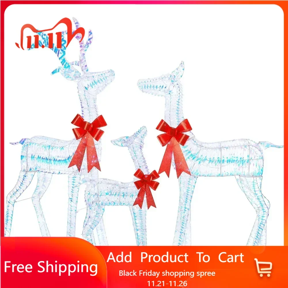 4.5 FT 3D Pre-lit Iridescent Christmas Reindeers Family, 3-Piece Lighted Deer Set with 280 LED Lights, Stakes