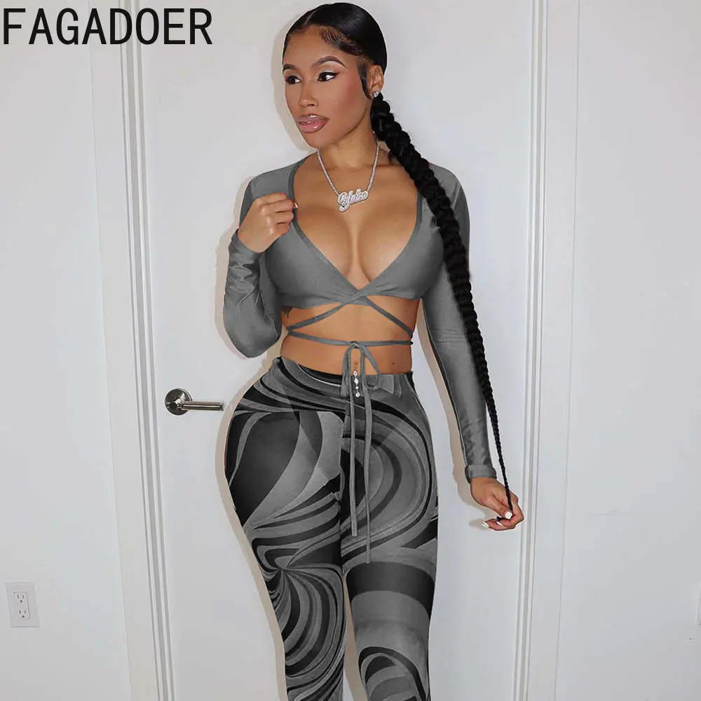 

FAGADOER Fashion Sexy Mesh Print Skinny Pants Two Piece Sets Women Deep V Bandage Long Sleeve Crop Top + Pants Outfit Streetwear