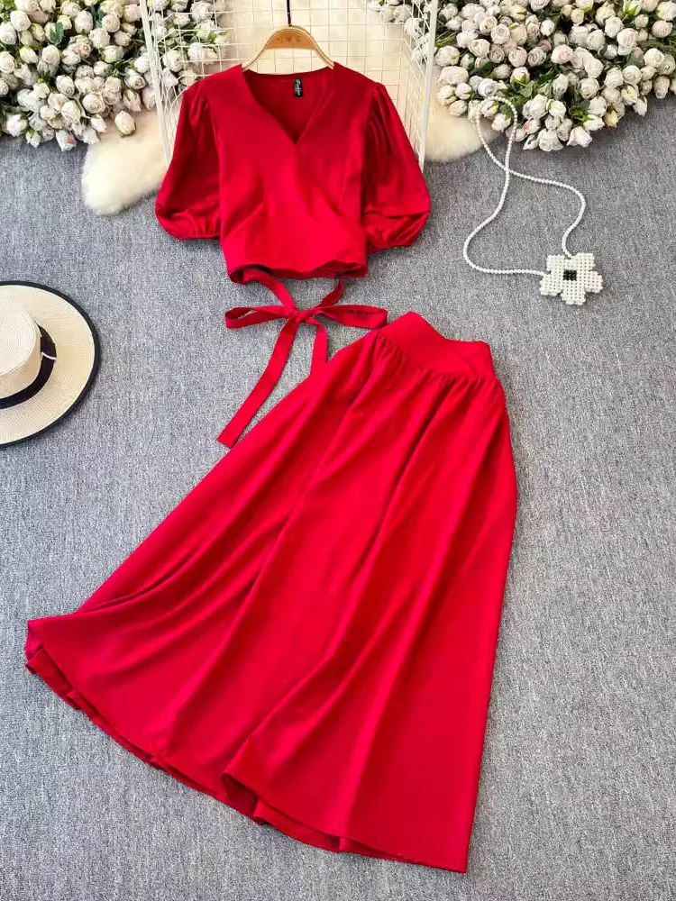 

Summer Women Blue/Red/Beige/Black Two Piece Set Elegant V-Neck Short Sleeve Bandage Tops + High Waist Midi Skirt Female Suit New