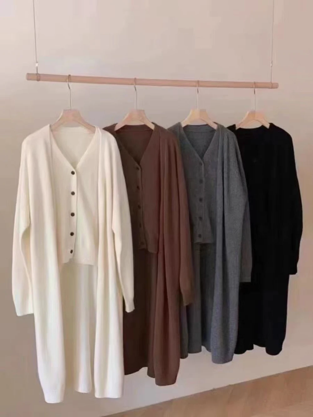 Elegant Women Knitted 2Piece Set 2024 New Spring Autumn Casual Knitted Single Breasted Tank Top+Long loose Straight Cardigan