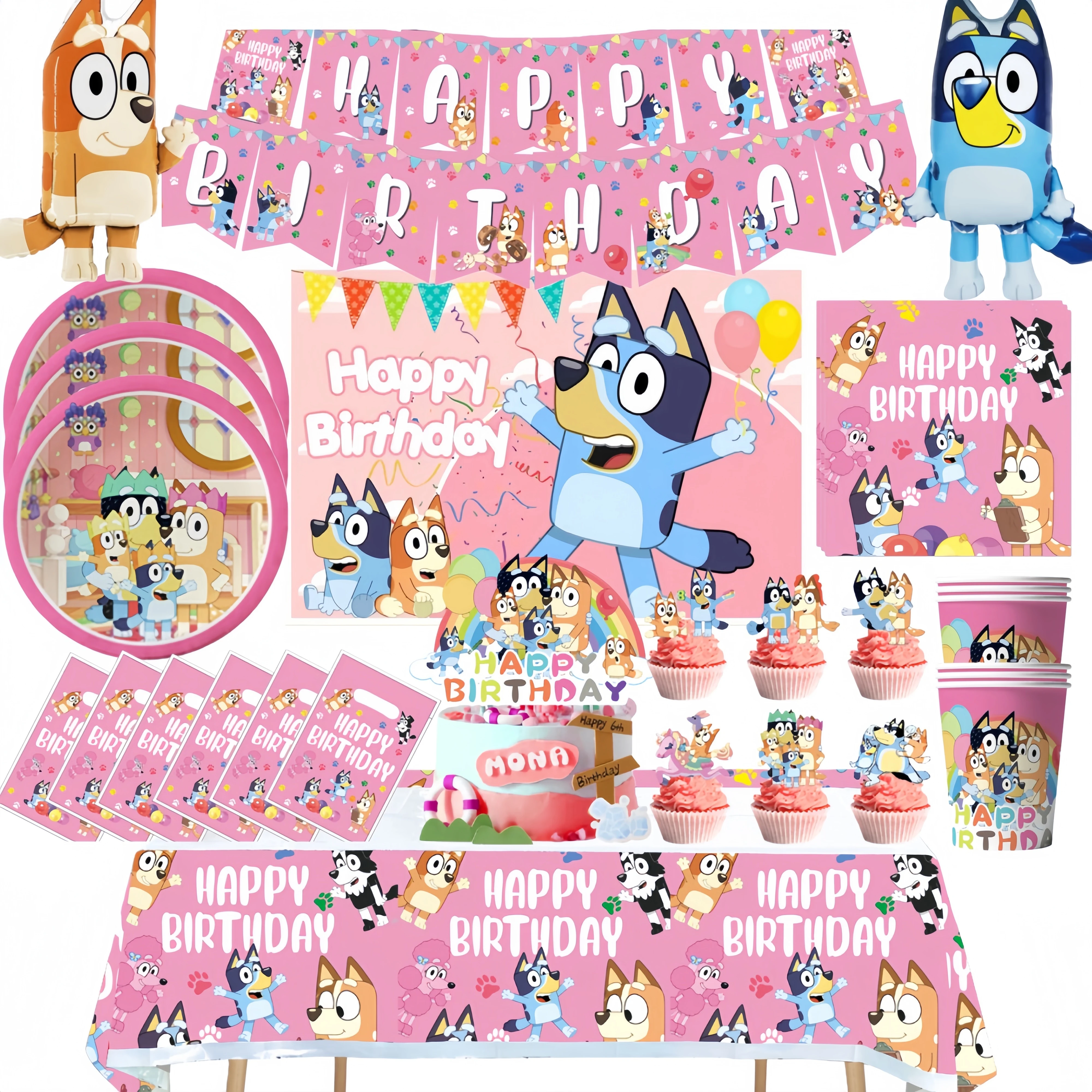 Decoração de Festa de Aniversário Pink Bluey, Conjunto de Utensílios Bingo Puppy, Copos, Pratos, Canudos, Balões para Presentes de Crianças e Acessórios para Fotos