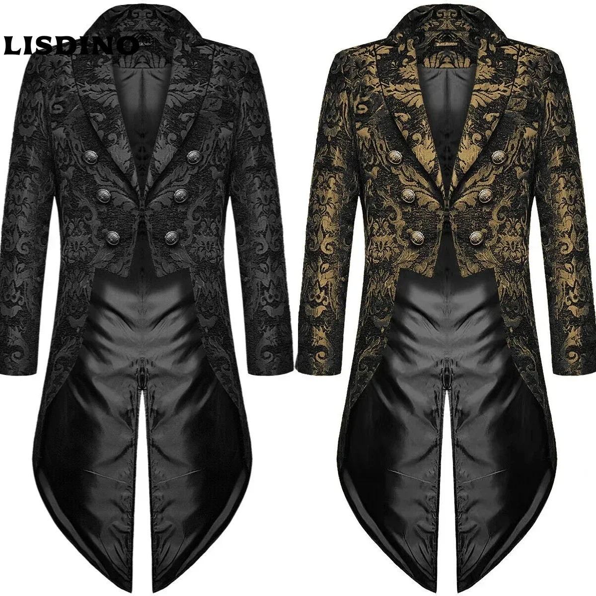 

1Fashion Mens Gothic Steampunk Tailcoat Jacket Black Brocade Damask Wedding Halloween Tailcoat Jacket
