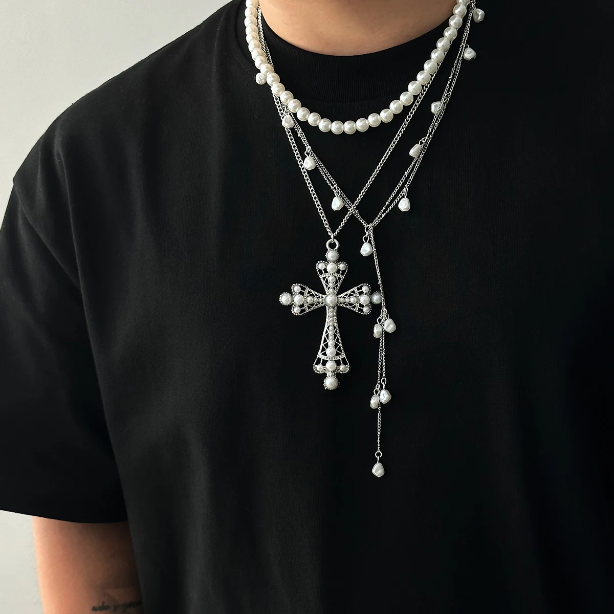 Lacteo 3Pcs/Set Creative Men Big Imitation Pearl Cross Jesus Pendant Choker Necklace Goth Tassel Chain Religious Male Jewelry