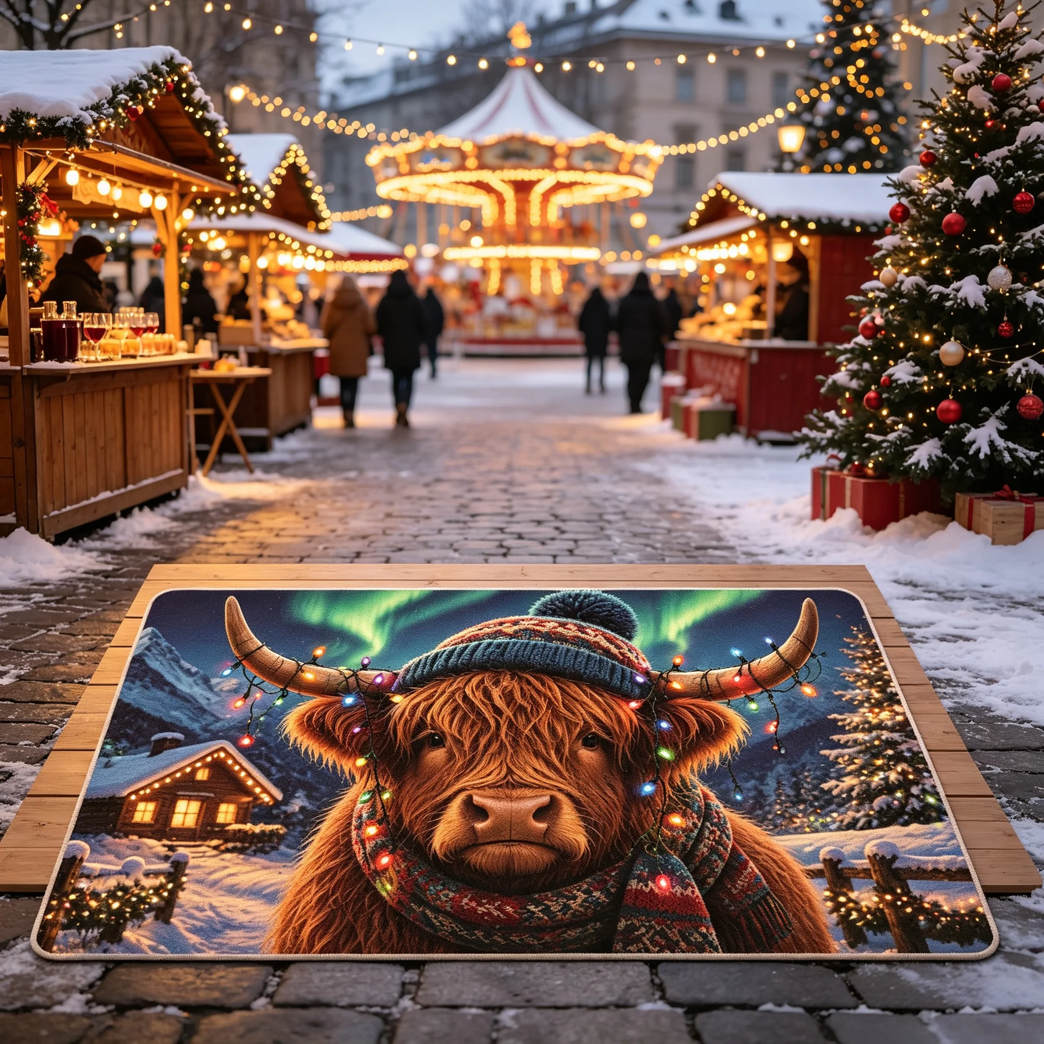 Xmas Cute Highland Cow Area Rug Aurora Sky Scene Print Floor Carpet For Indoor Entryway Christmas Home Ornament