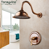 Torayvino Luxury Rose Gold Bathroom Bathtub Shower Faucet Solid Brass Handle Mixer Rainfall Hand Shower Spray Shower Faucet Set