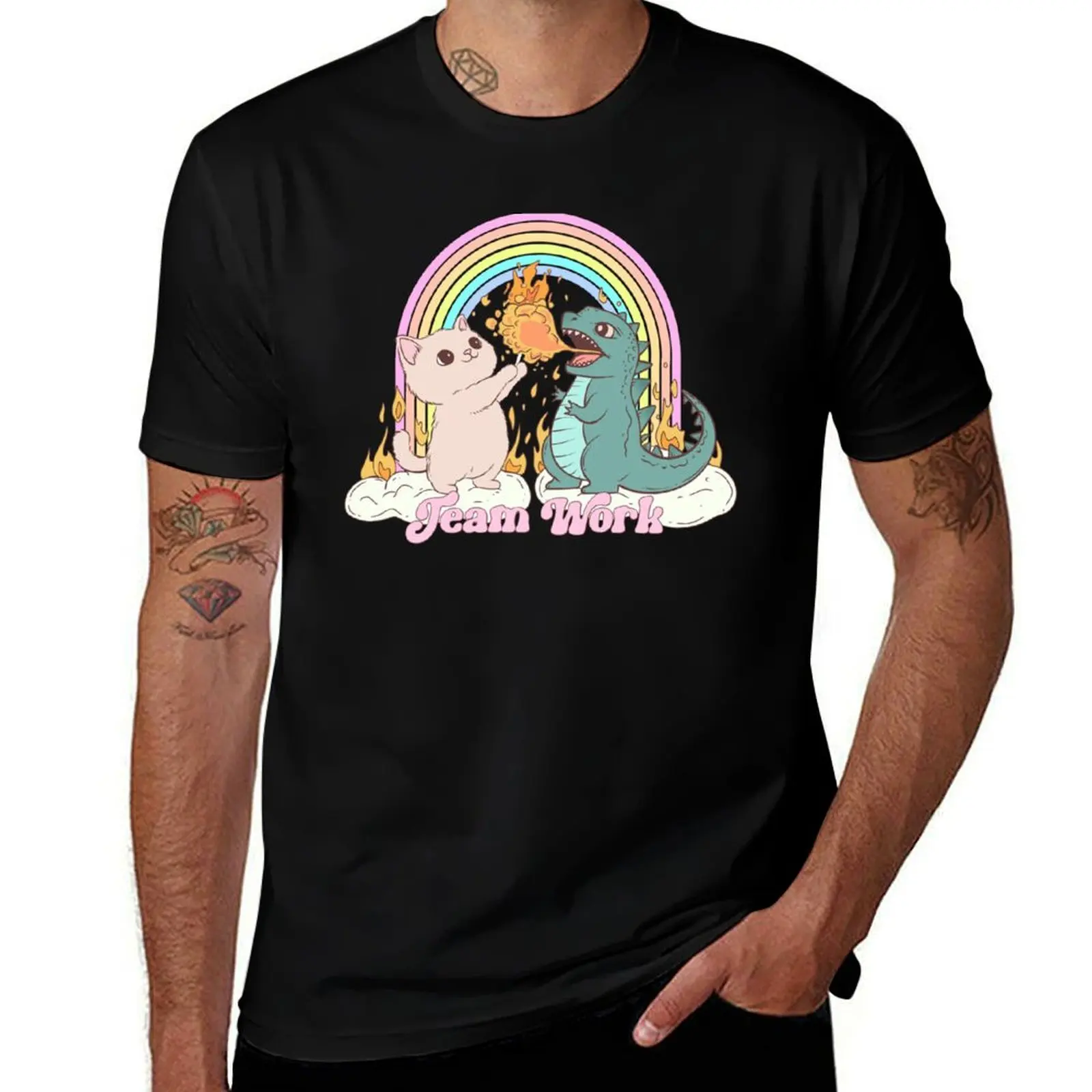 

Team work! Cute cat and dino T-Shirt oversized graphic tee graphic t shirts blacks men clothes