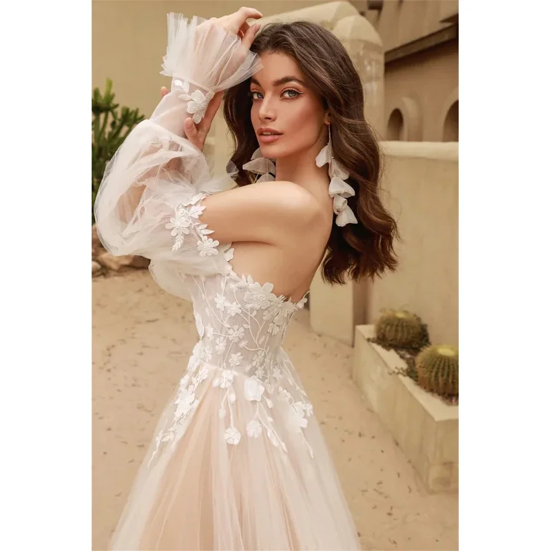 Light Champange Detachable Long Puff Sleeves V-neck Lace Applique Boho Beach A Line Wedding Dresses Custom Made 2025 Vestido De