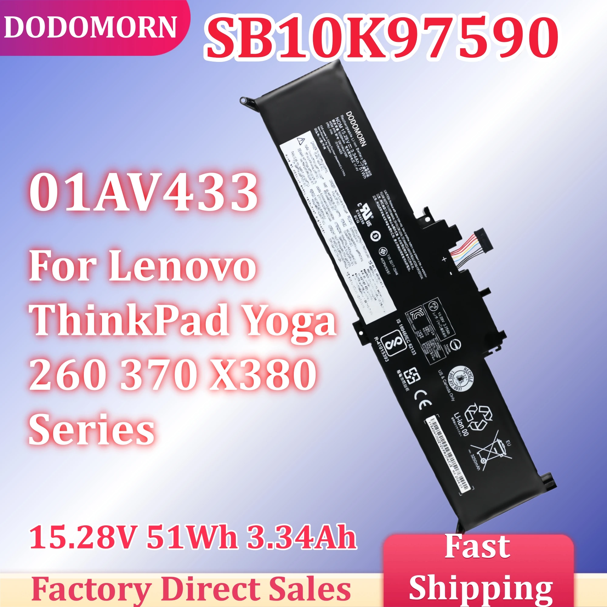 

High Quality 01AV433 Laptop Battery For Lenovo ThinkPad Yoga 260 370 X380 00HW026 00HW027 SB10F46464 SB10K97590 01AV432 01AV434