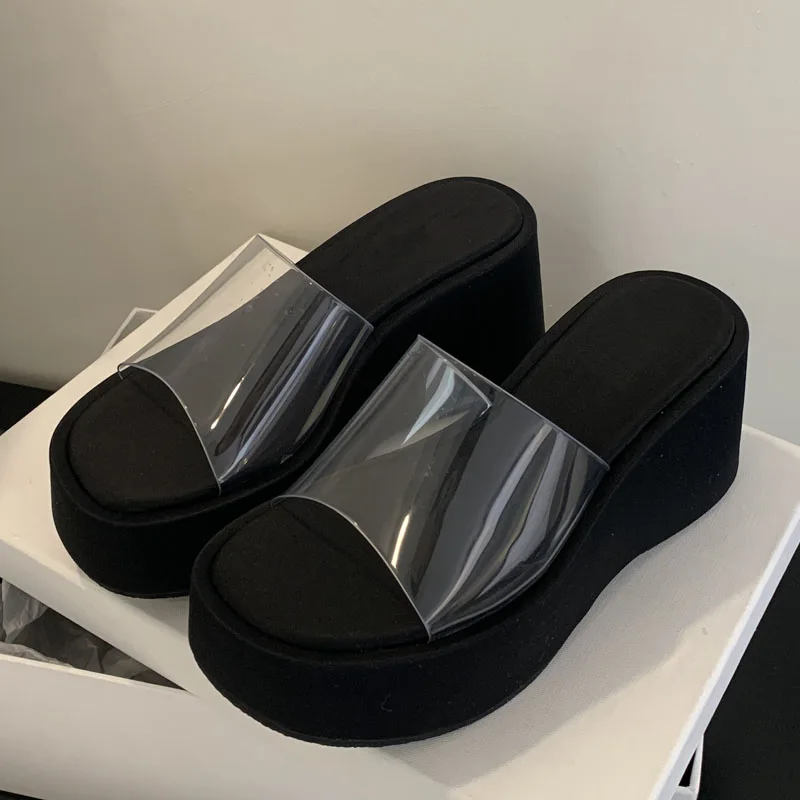 

Eilyken Fashion Design Style Leopard Print PVC Transparent Platform Wedges Women's Slippers Summer High Heels Slide Shoes