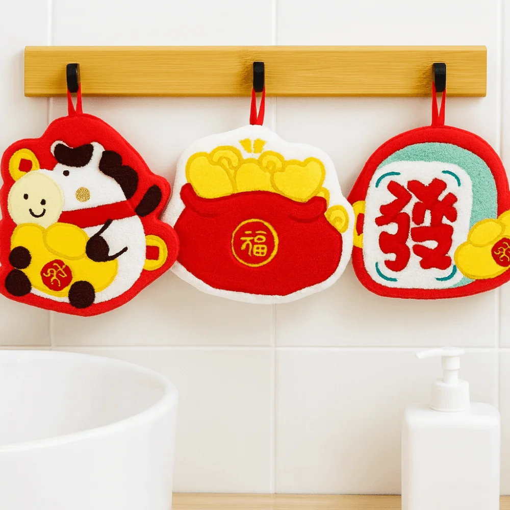 

Cute Quick Drying Cartoon Hand Towel Hanging Absorbent Spring Festival Towel Thicken Blessing Lucky Hanging Cloth Bathroom Use