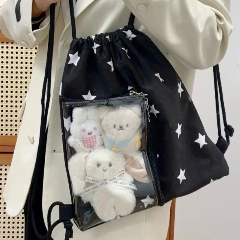 

Y2K Star Printed Transparent Pocket Bag Drawstring Backpack Korean Student Bags Schoolbag Kids Travel Girls Drawstring Backpacks