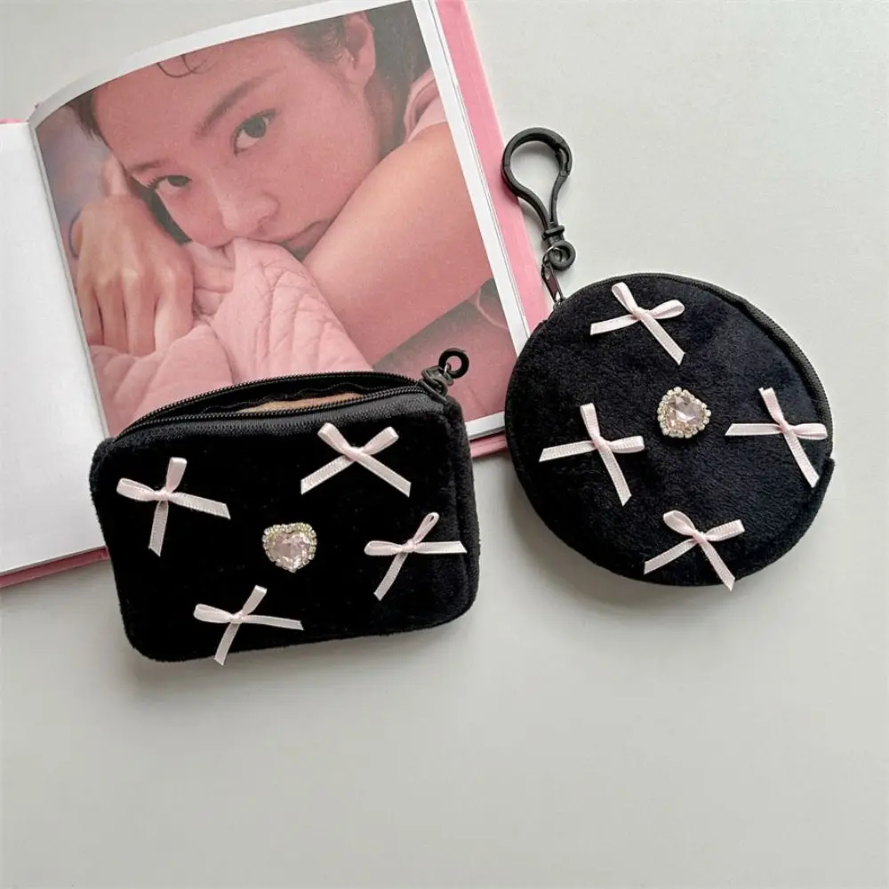 New Girls Bowknot Coin Purse Portable Heart Diamond Embellishment Keychain Wallet Key Pouch Small Lipstick Storage Bag