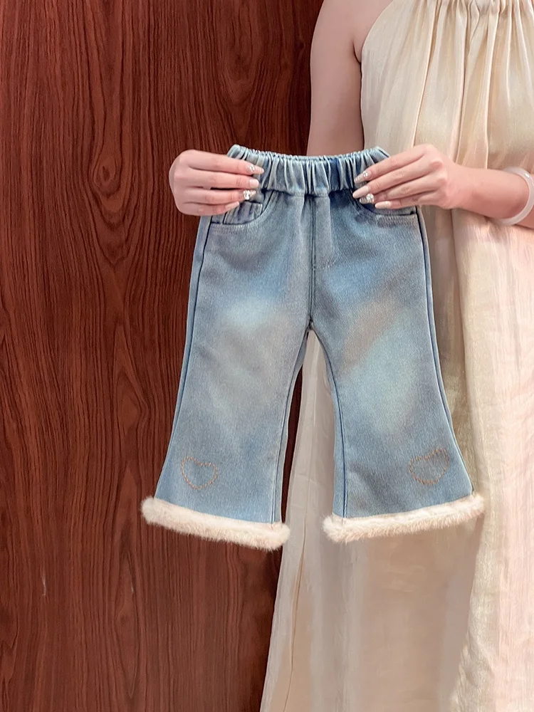 

Зимние джинсы Thiened Fce для девочек, повседневные прямые брюки, повседневные брюки для малышей, расклешенные брюки для маленьких девочек