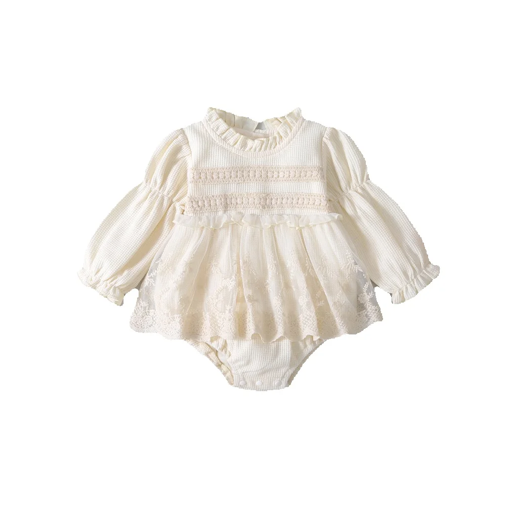 

Детский комбинезон в корейском стиле для малышей 0-2 лет, весенний, с кружевом, длинными рукавами, новая модель, с круглым вырезом, в западном стиле, юбка-платье