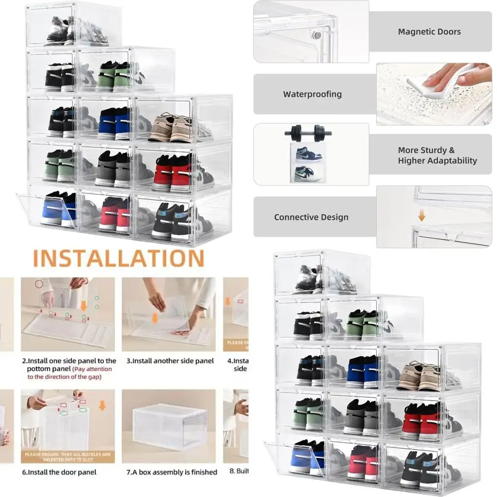 

Прозрачные пластиковые штабелируемые коробки для обуви с откидной передней дверью, хранилище для обуви для размеров США, 12 шт. в упаковке