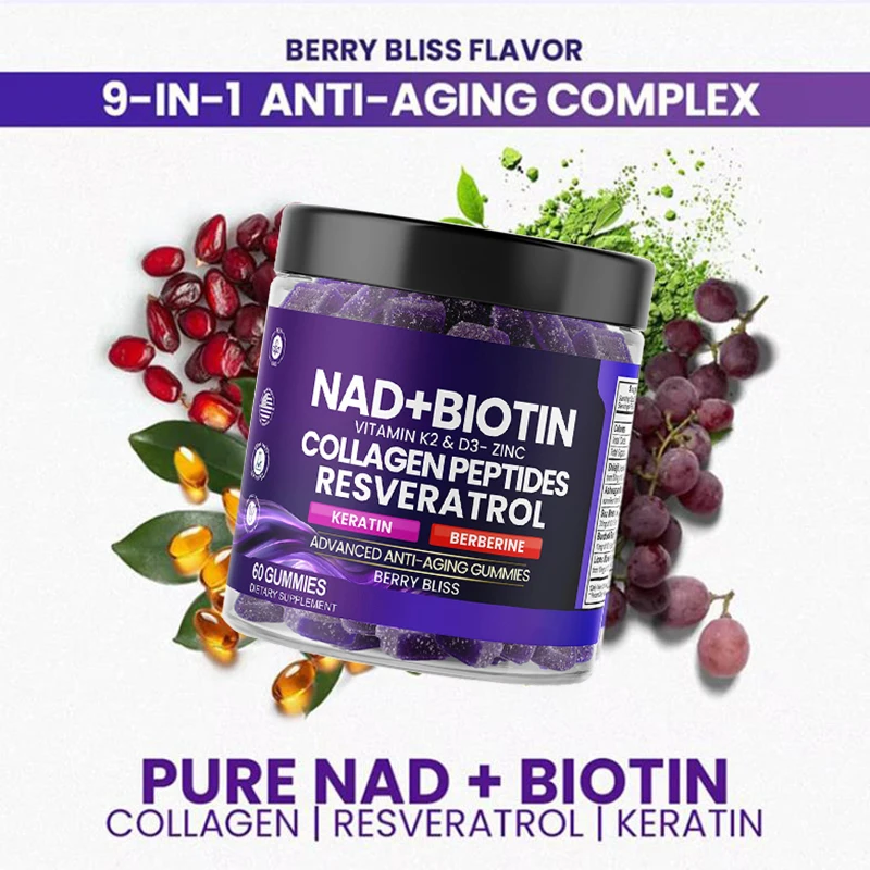 

Biotin Gummies NAD+ Resveratrol for Healthy Hair, Skin & Nails with Vitamin D3+K2 Anti Aging