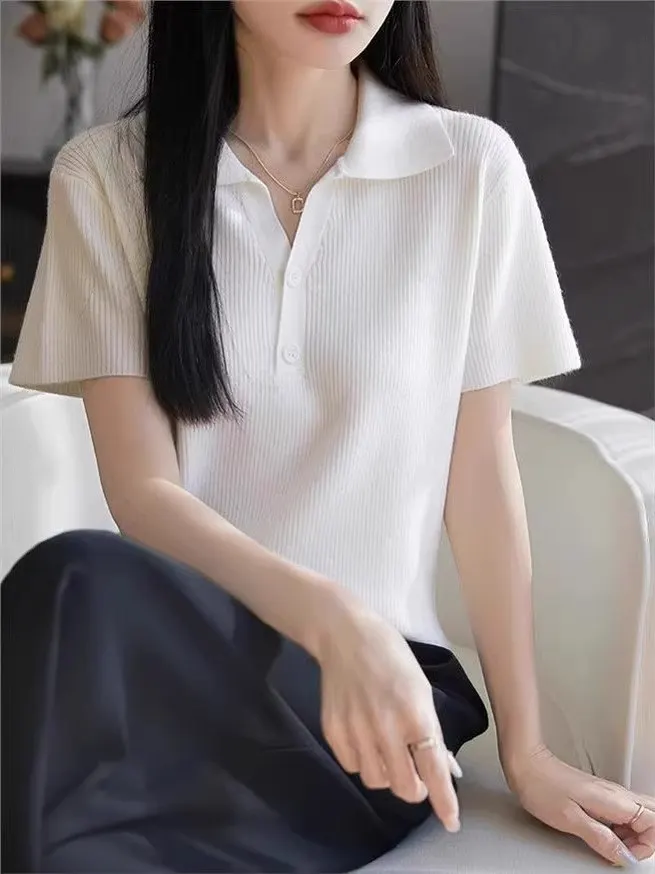 2025 New  Collar Knitted ort Sve T-irt Women's Design Faionable Button up irt Regular Fit Bodycon Top
