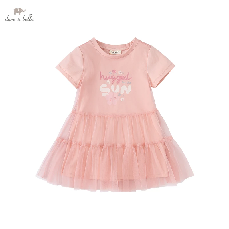 DK2221397 dave bella summer girl's 5Y-13Y fashion cartoon  letter print dress children sweet  dress kids infant lolita clothes