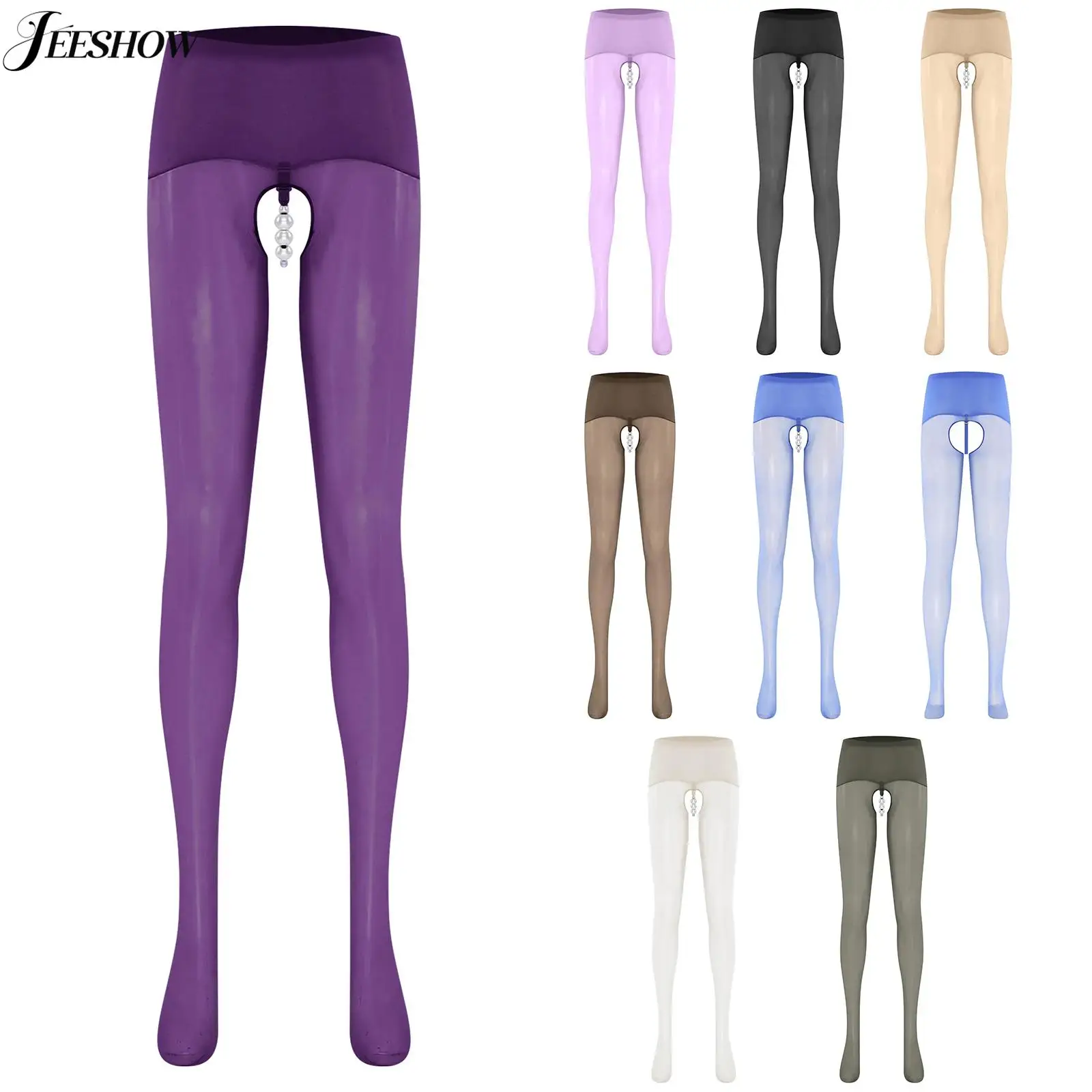

Womens Sexy See Through Open Crotch Pantyhose Hollow Out Lingerie Stockings Tights with Removable Faux Pearl Band Nightwear