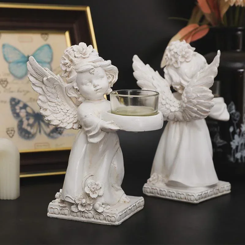 European Vintage Lovely Angel Wings Hand Holding Candlestick Standing Posture Home Decoration Living Room Romantic Atmosphere