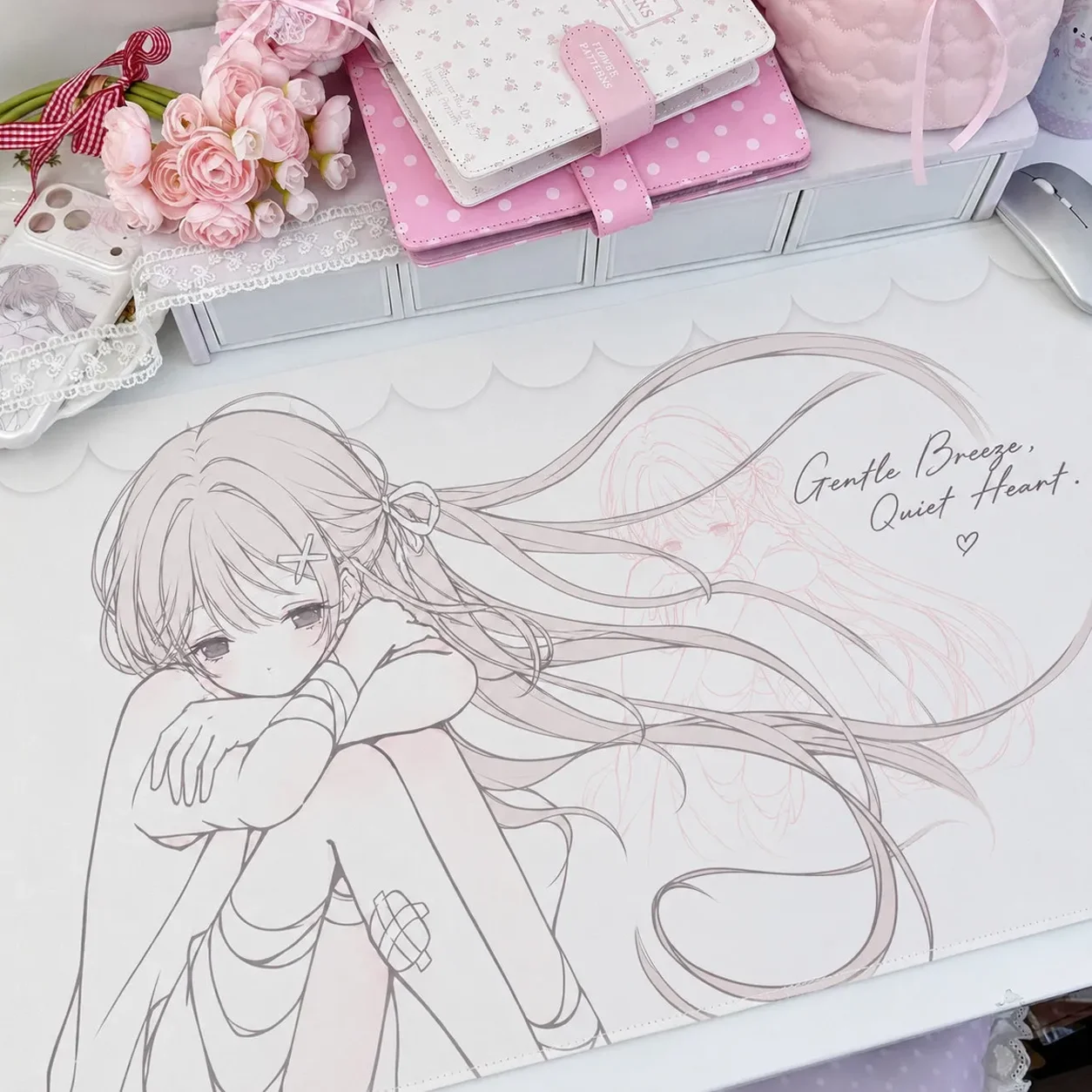 Leather Desk Pad Protector Japanese Anime Girl Long Hair Hurt Kawaii Y2K Mouse Pad Office Desk Mat Non-Slip PU Desk Blotter Pad