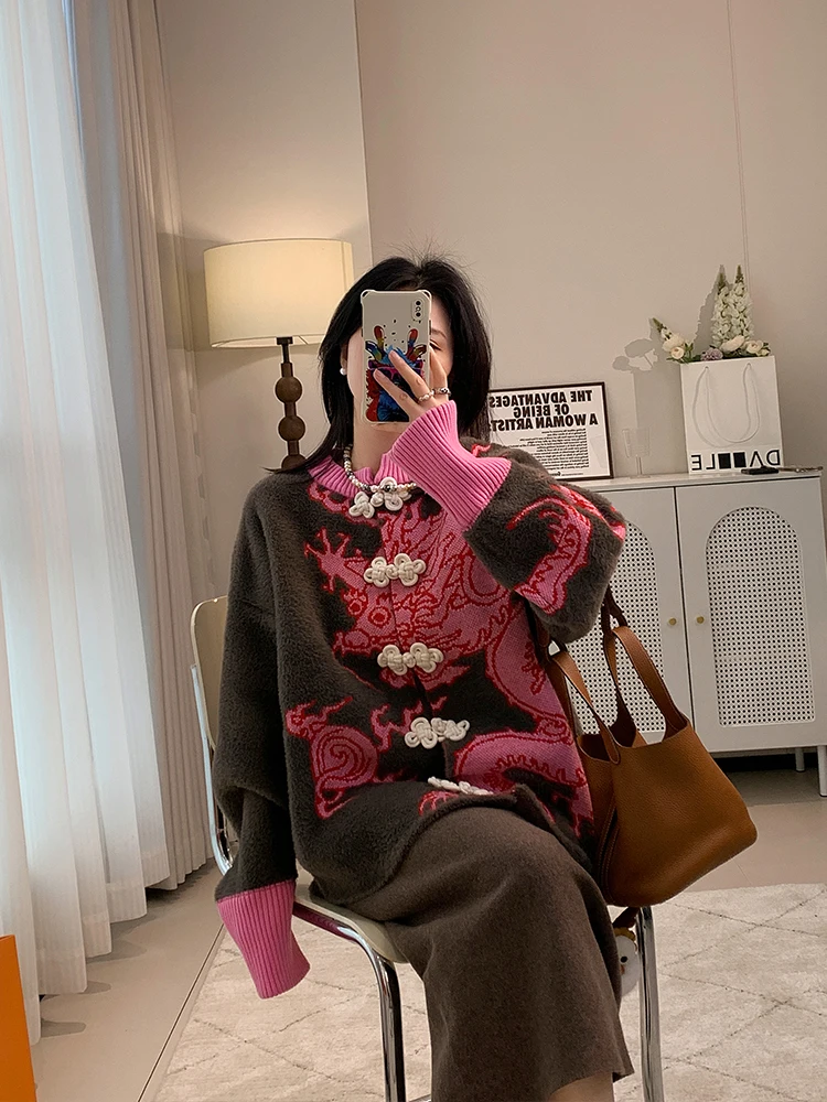 

Розовый вязаный кардиган с длинными рукавами и круглым вырезом, винтажный стиль, женский свитер средней длины с цветочным узором, повседневный, для работы и отдыха
