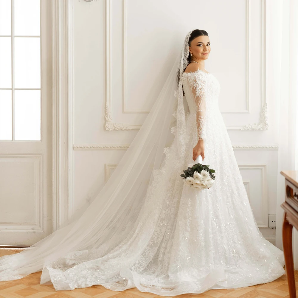 

Graceful Wedding Dresses Off Shoulder Long Sleeve A-Line Bride Dress Sequined Lace Women Bridal Gown Customized robe de mariée