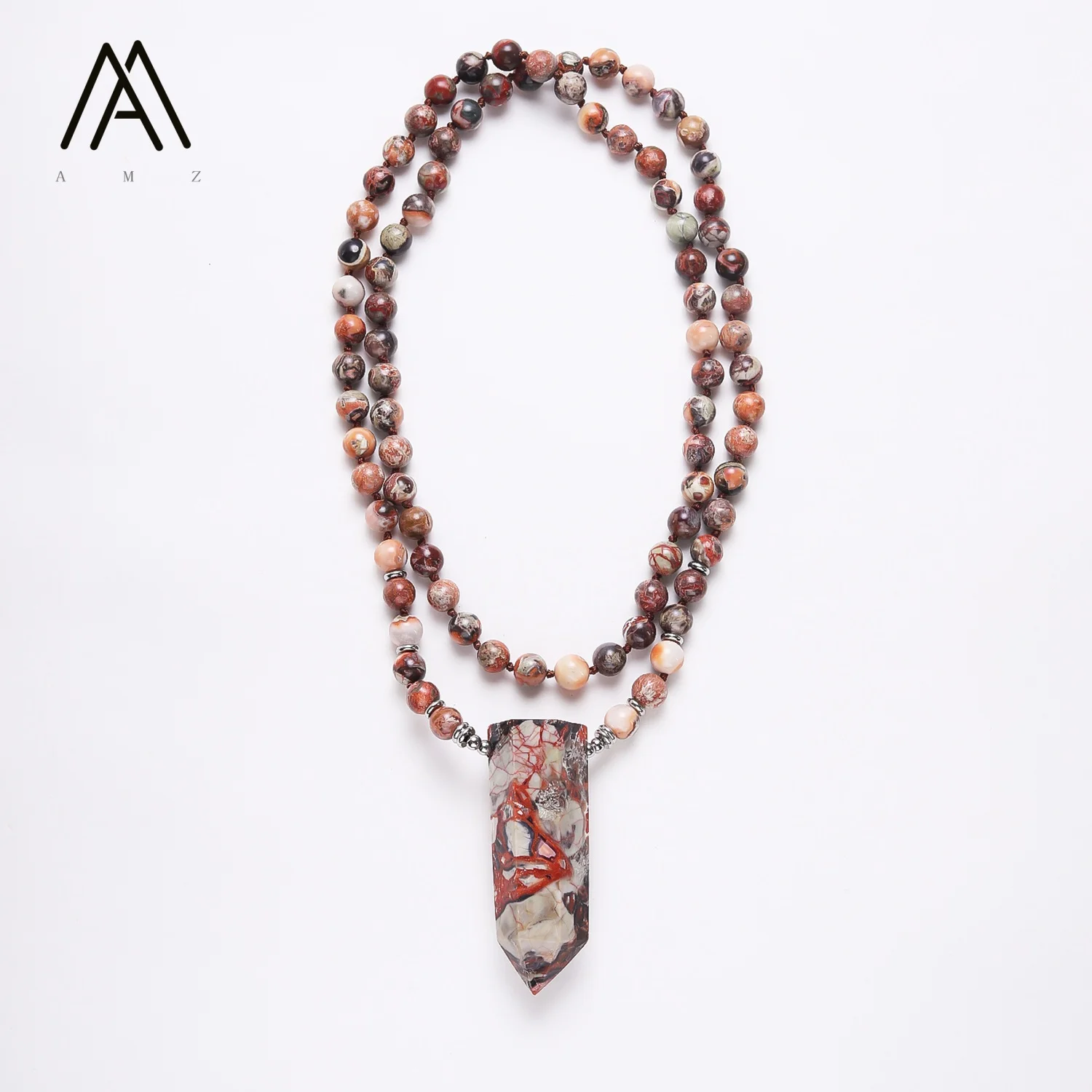 Boho Jewelry Natural Ocean Jasper Stone Necklace 108 Beads Mala Necklace Beaded Point Pendant for Women Party Daily