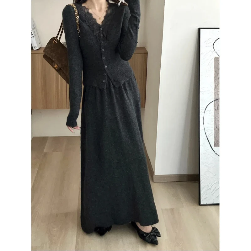 

Two Piece Women High Waist Skirt Set Patchwork Lace V-Neck Long Sleeve Knitted Autumn Winter Solid Cardigans Black Tops Suite