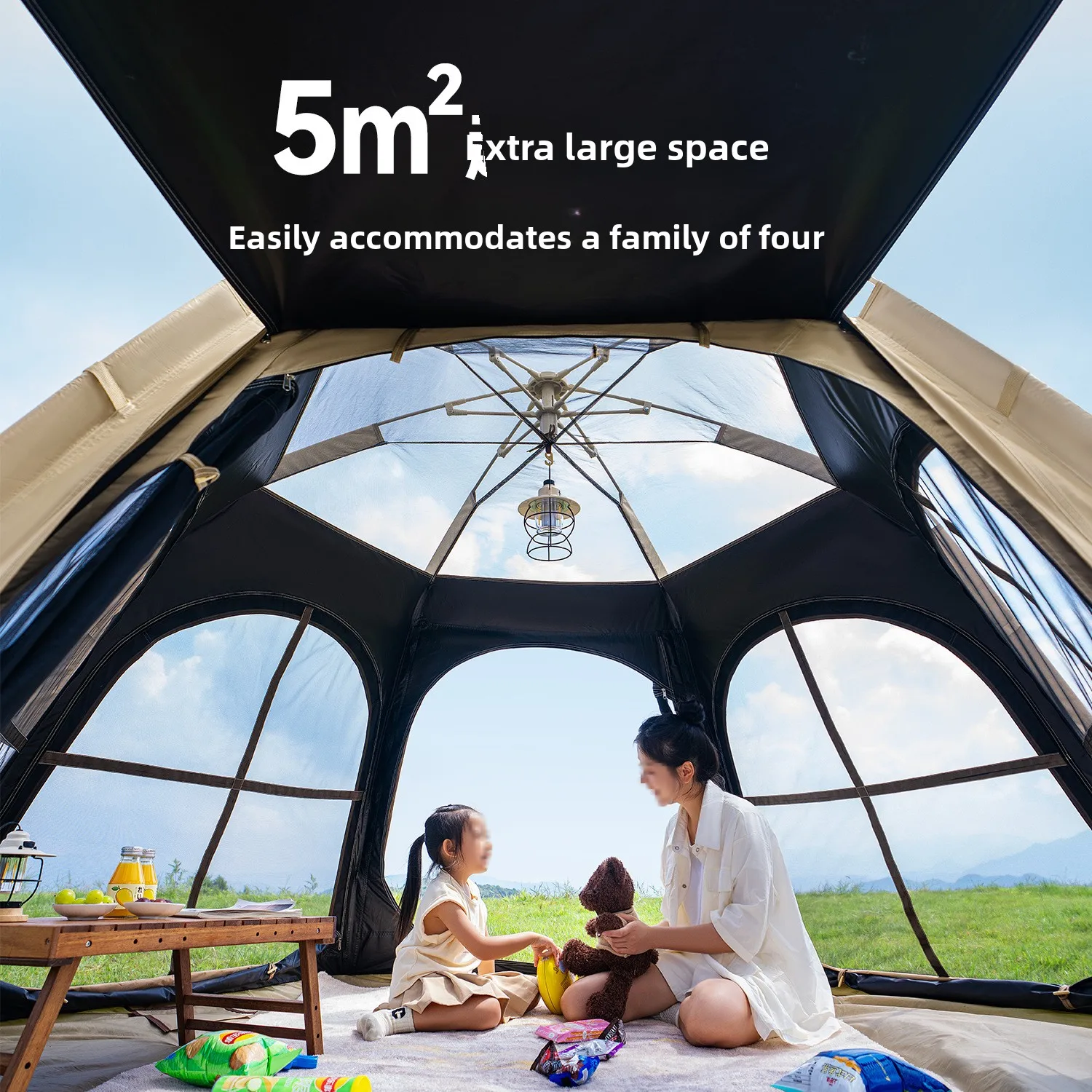 4-Season Hexagonal Automatic Tent | 280x240cm Black-Coated Oxford Tent | Waterproof Sunproof Fast Setup Tent for Family Camping