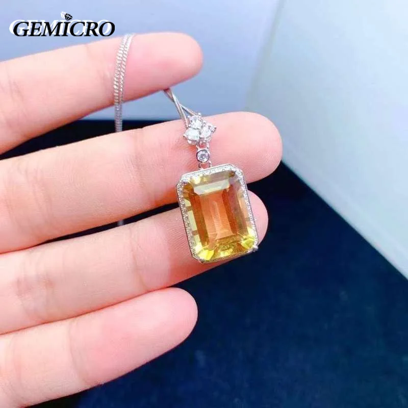 Gemicro Silver 925 Pendant Necklace for Women Fine Jewelry Yellow Citrine Chain Wedding Engagement Party Valentine Day Gift