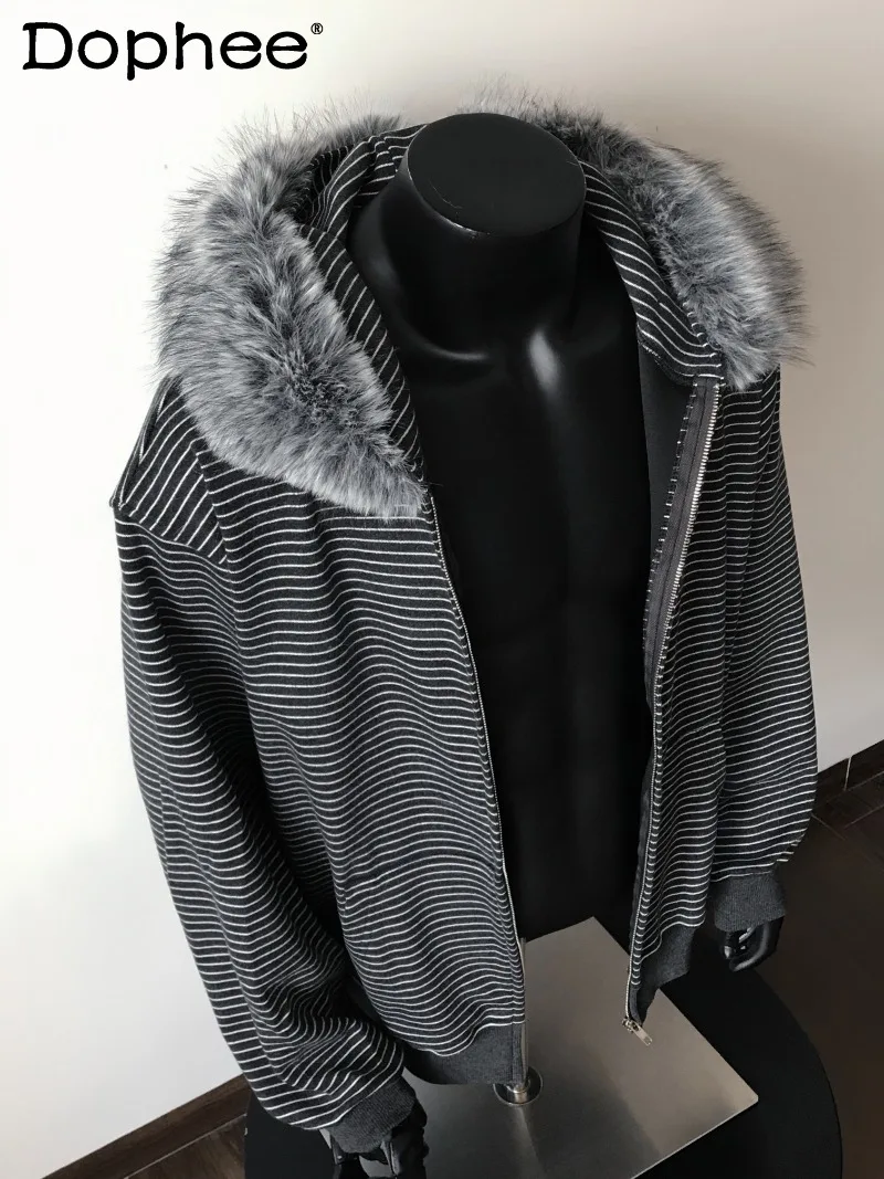 

American Retro Striped Fur Collar Cardigan Zipper Sweatshirt Versatile Loose Casual Fashion Trend Hooded Jacket for Men