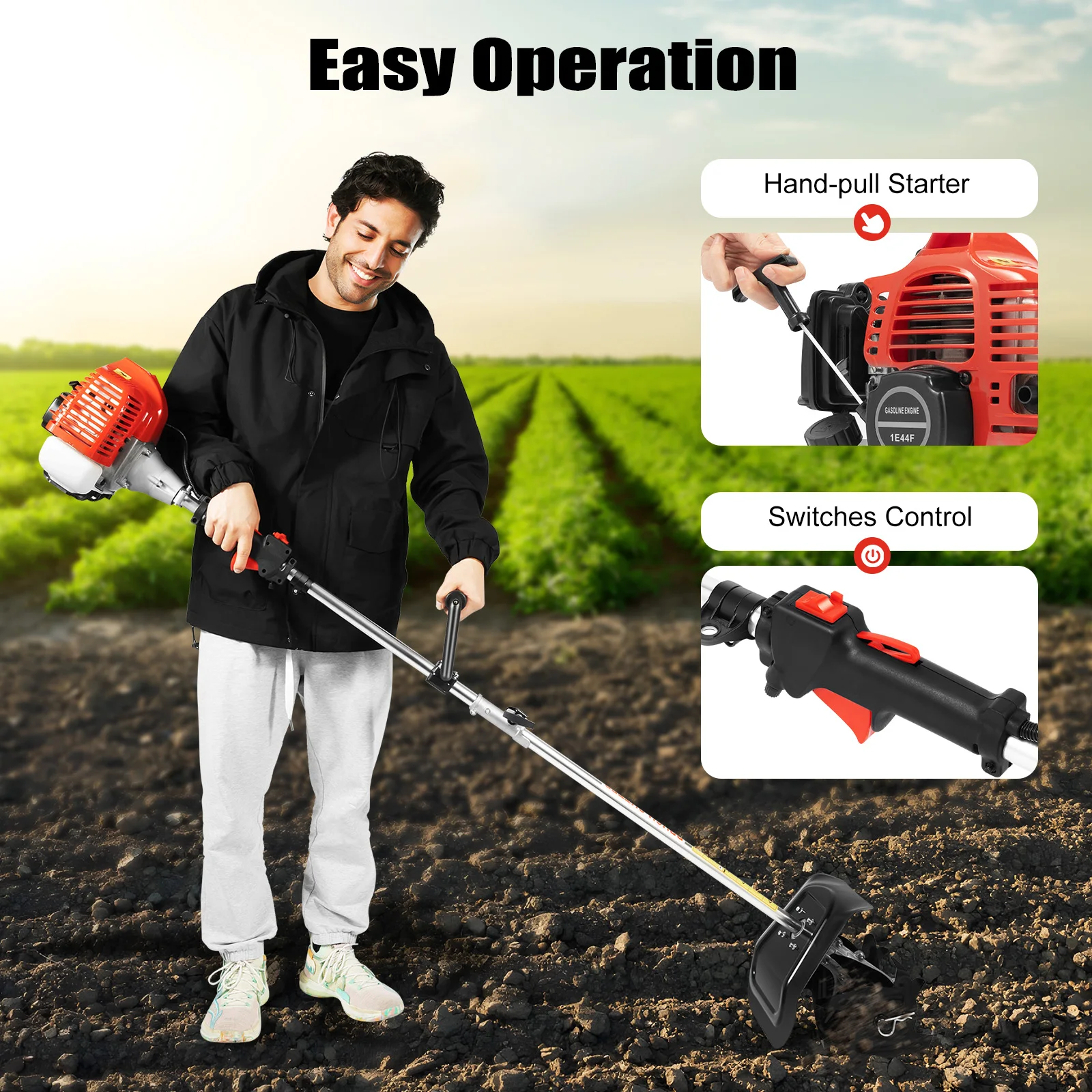 1.45kW 2-stroke 51.7cc Gas-powered Tiller Cultivator Low Noise Gardens Loosen Soil Machine 6500rpm