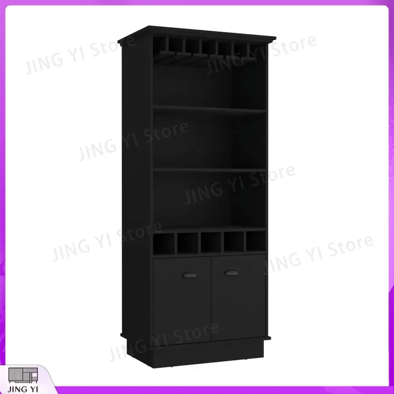 70 Inch Black Wine Cooler Cabinet with Glass Door Upper Cabinet Open Storage Racks Adjustable Shelves Temperature Control