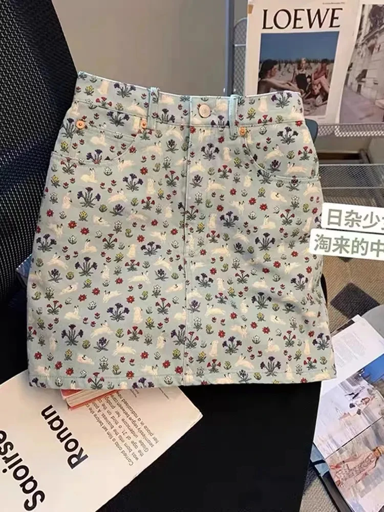 

Floral Denim Mini Skirts Women Sweet Y2k High Waist A-line Skirt Korean Fashion Spicy Girls Slim Fit Skort Faldas