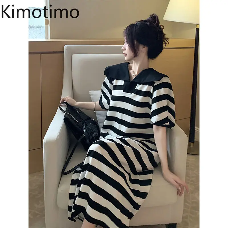 Kimotio-女性の夏のドレス、半袖、ストライプ、セーラーカラー、ルーズ、ロングTシャツ、韓国のシック、カジュアルファッション