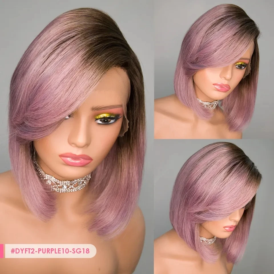 Lace Front Bob Perucas para Mulheres, Ombre T Part, Cabelo Humano Brasileiro, Roxo, Liso, Curto, 13x1x6