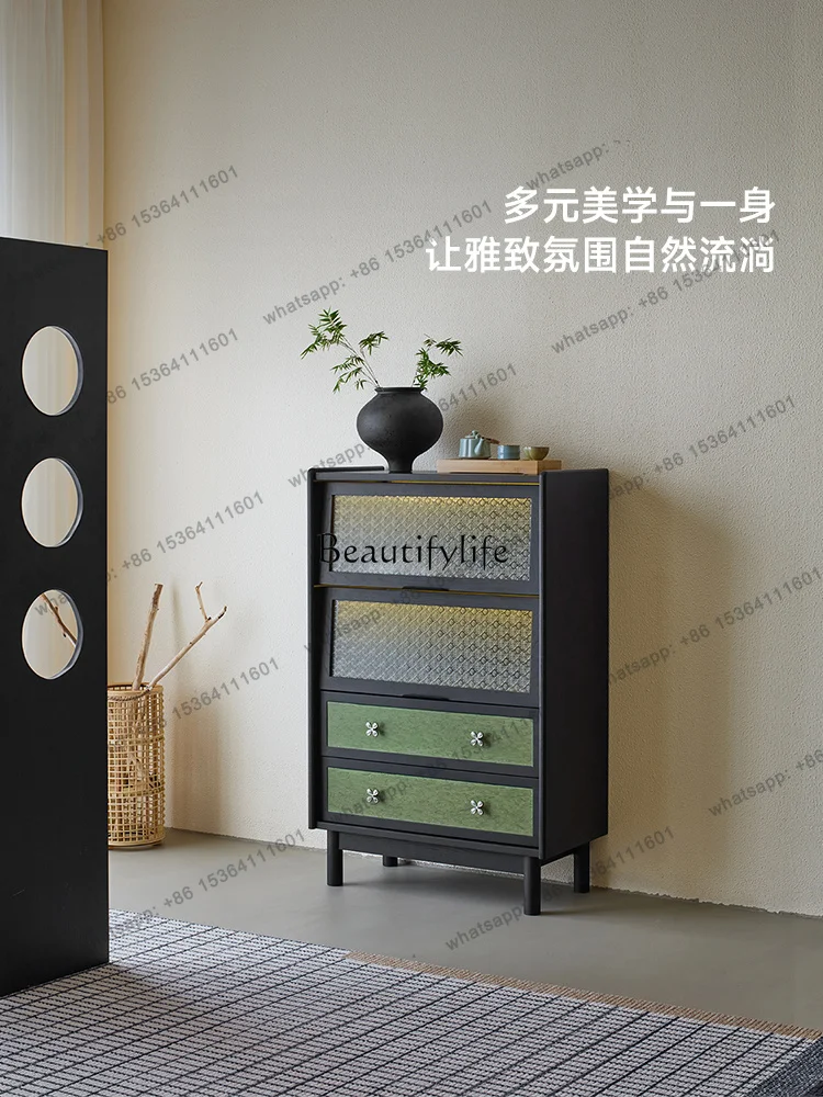 PJ Light Sandalwood Retro Solid Wood Side Cabinet, The Locker Is Integrated Against The Wall