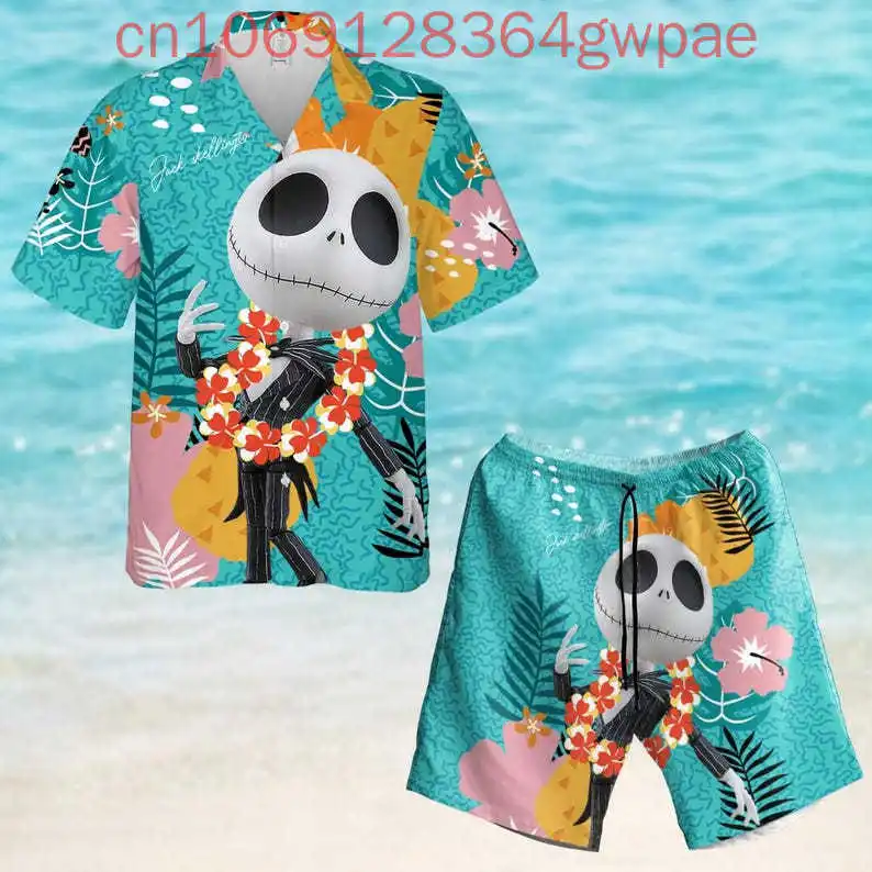 Disney Jack Skellington Men and Women Button Shirt And Short Nightmare Before Shirt Vacation Trip Short Sleeve Shorts Shirt Suit