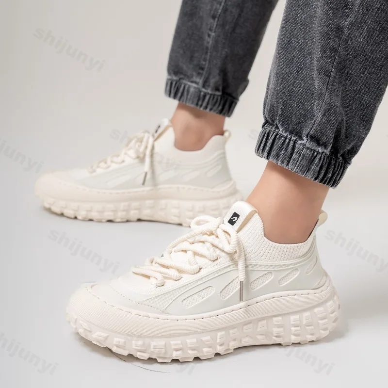 Men's Fly Weave Design Casual Shoes 2025 Summer Anti Slip Mesh Breathable Slip on Thick Soled Shoes Comfortable Chunky sneakers