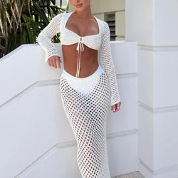 2 Piece Set Beach Cover Up Women Hollow Out Long Sleeve Front Tie Up Crop Tops + Tassel Bodycon Maxi Skirt Y2K Streetwear